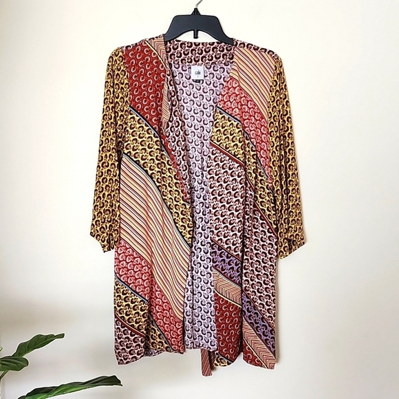 Cabi Mixed Media Open Front Cardigan Flare Sleeve 3/4 Length, Waist Tie, Floral - Picture 1 of 8